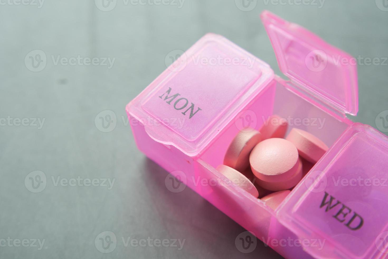 close up of medical pills in a pill box on table photo