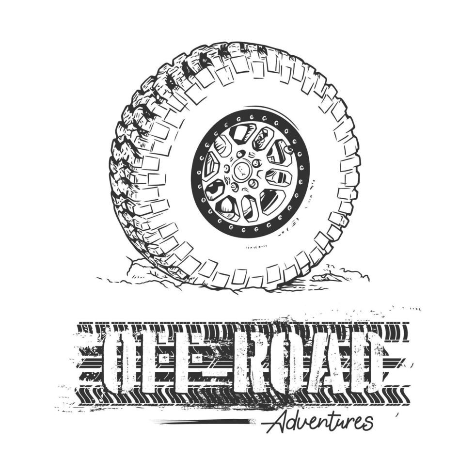 Dirty wheel of the truck. Mud and dirt. Vector line art illustration