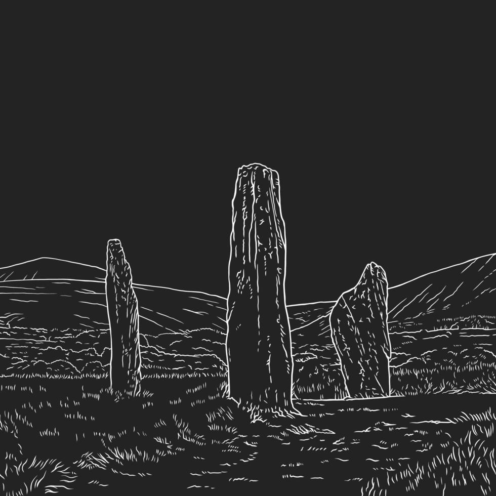 Stone boulders stand tall on the ground in mountainous areas. Vector line art