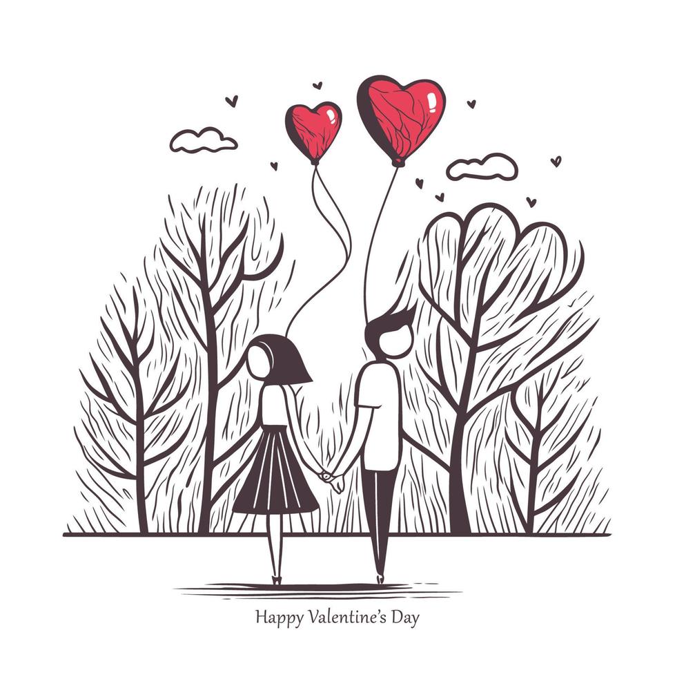 Valentine's Day illustration. Lovers holding to red heart shaped balloons in the sky vector