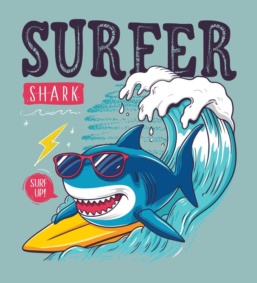 Cool cartoon shark surfing on a big wave, Vector clip art