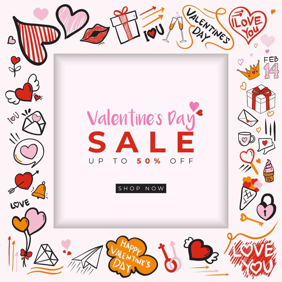 Valentine's day sale background template with doodle elements vector