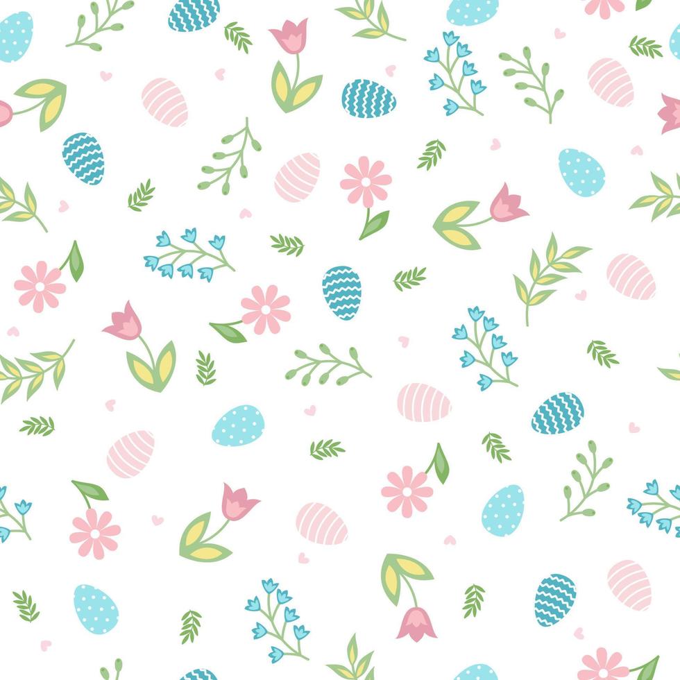 Easter seamless pattern with tulips, branch, eggs, leaves and flowers. Ideal for wallpaper, gift paper, web page background, spring greeting cards vector