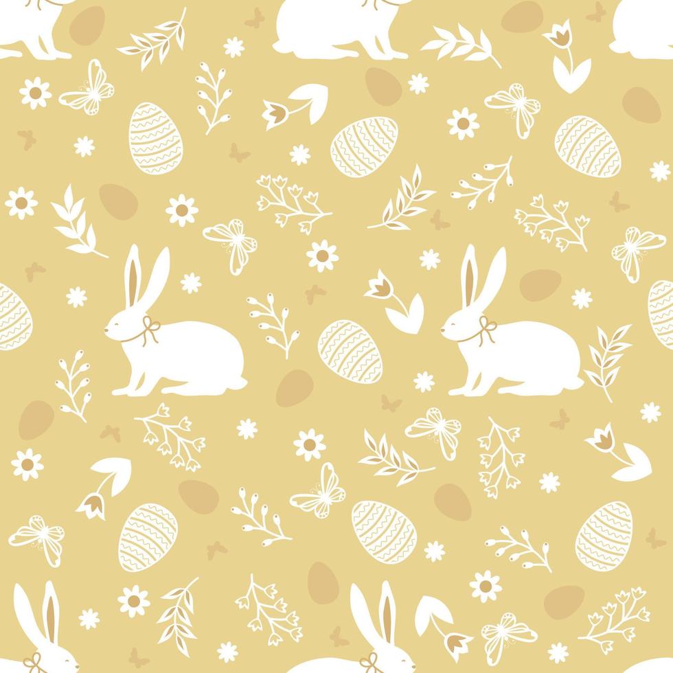 patrón sin costuras con lindos conejos y elementos florales sobre fondo amarillo. impresión de pascua. vector