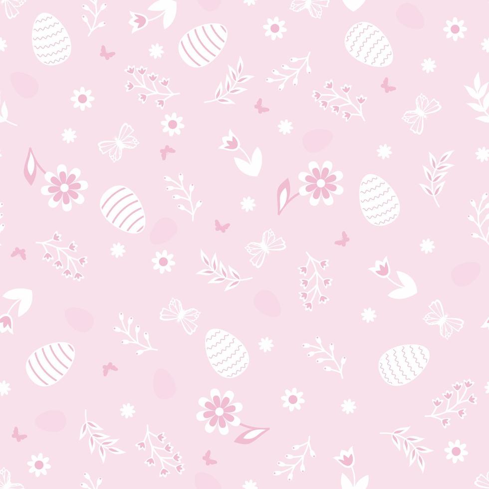 Cute seamless pattern with eggs, butterfly, flowers and leaves. Happy Easter seamless pattern. vector