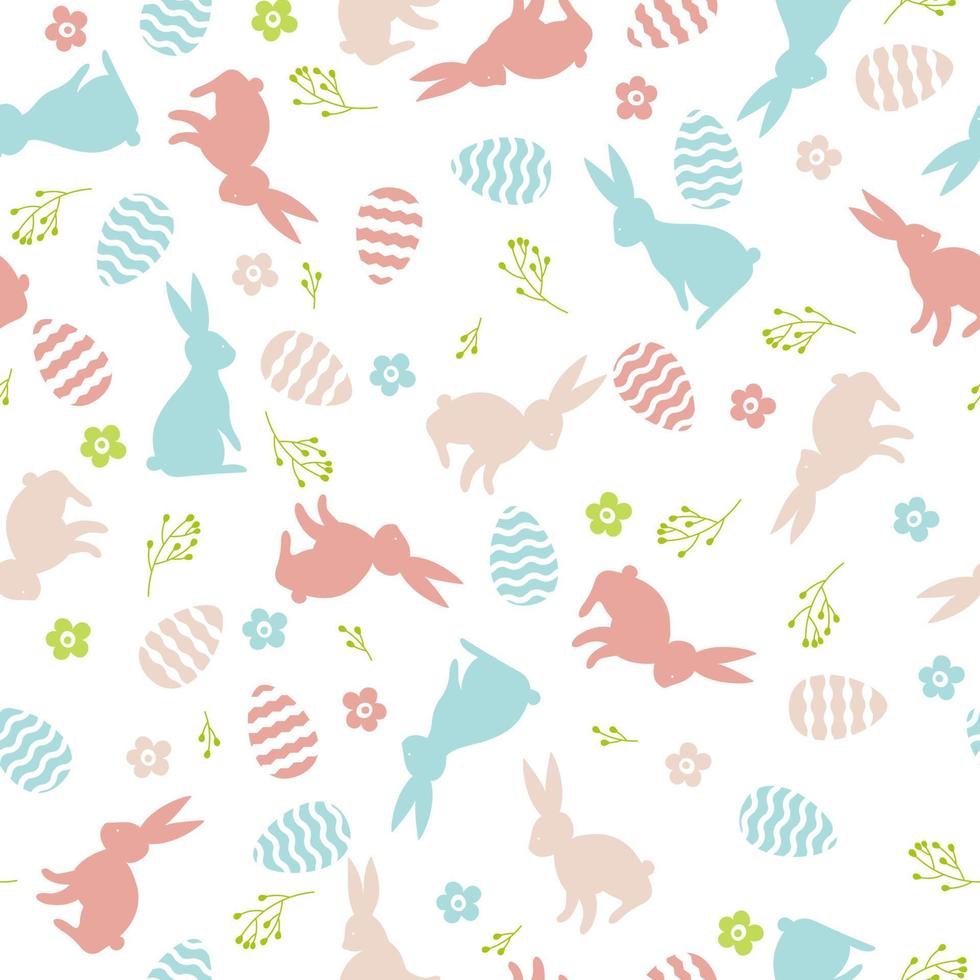 Colourful seamless pattern with decorative eggs, bunnies and flowers. Easter background. vector