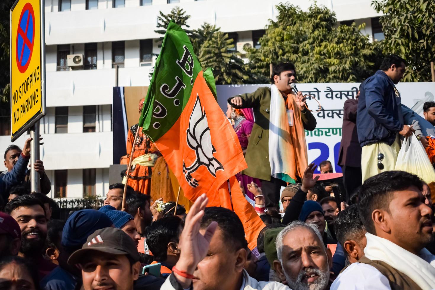 New Delhi, India - January 16 2023 - Thousands of people collected during Prime Minister Narendra Modi BJP road show, people during PM Modi big election rally in the capital photo