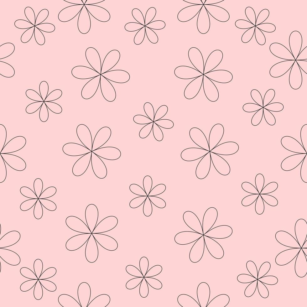Black contours of flowers on a pink background seamless pattern vector