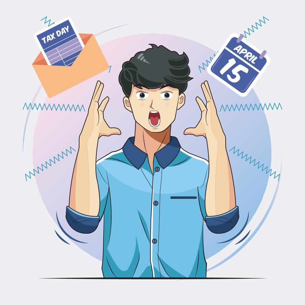 Tax day. Young man surprised by service tax report vector illustration free download