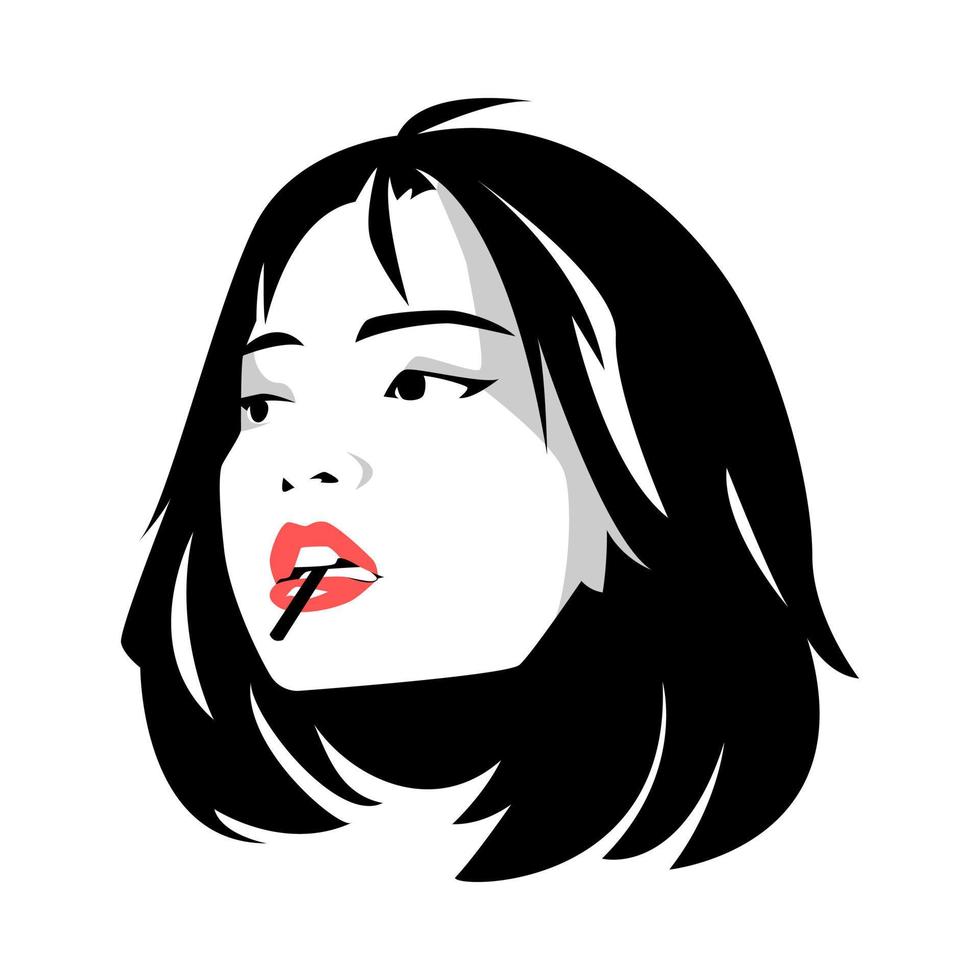 retrato de arte pop en blanco y negro de la cara de una hermosa joven con un peinado corto. piruleta en la boca. monocromo. fondo blanco aislado. ilustración vectorial vector