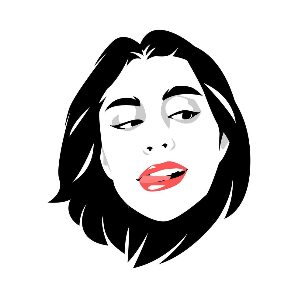 black and white pop art portrait of the face of a beautiful young girl with a short hairstyle. Tongue out. monochrome. isolated white background. vector illustration.