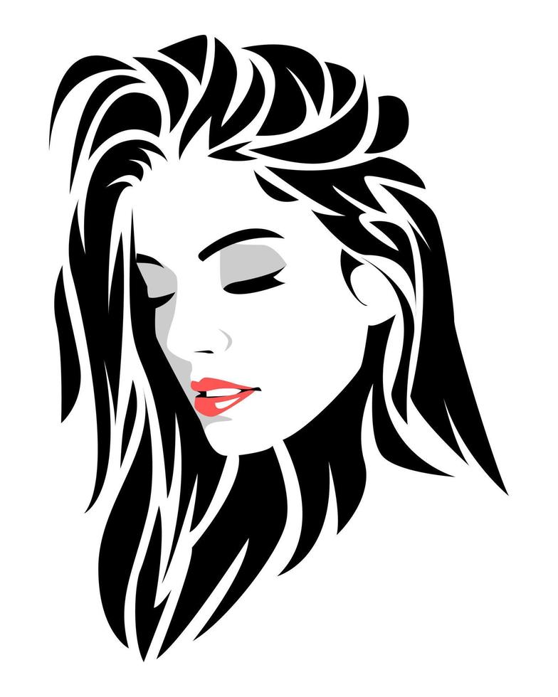 retrato en blanco y negro de una bella joven de pelo largo, cerrando los ojos. vista lateral. cabello abstracto. fondo blanco aislado. ilustración vectorial plana. vector