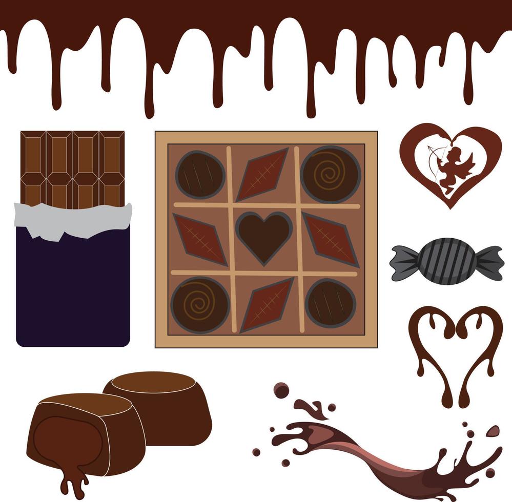 Collection of chocolate, pieces, shavings realistic vector icon set