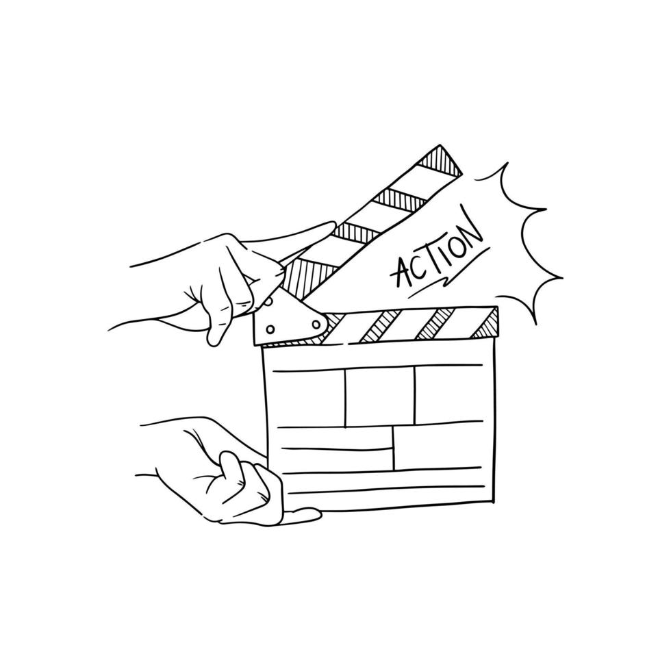 Movie clapperboard doodle icon. The board clap to start the video clip scene. vector