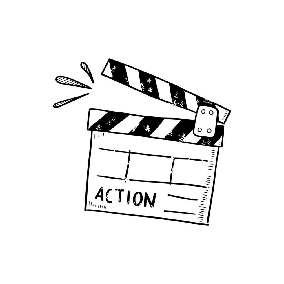 Movie clapperboard doodle icon. The board clap to start the video clip scene. vector