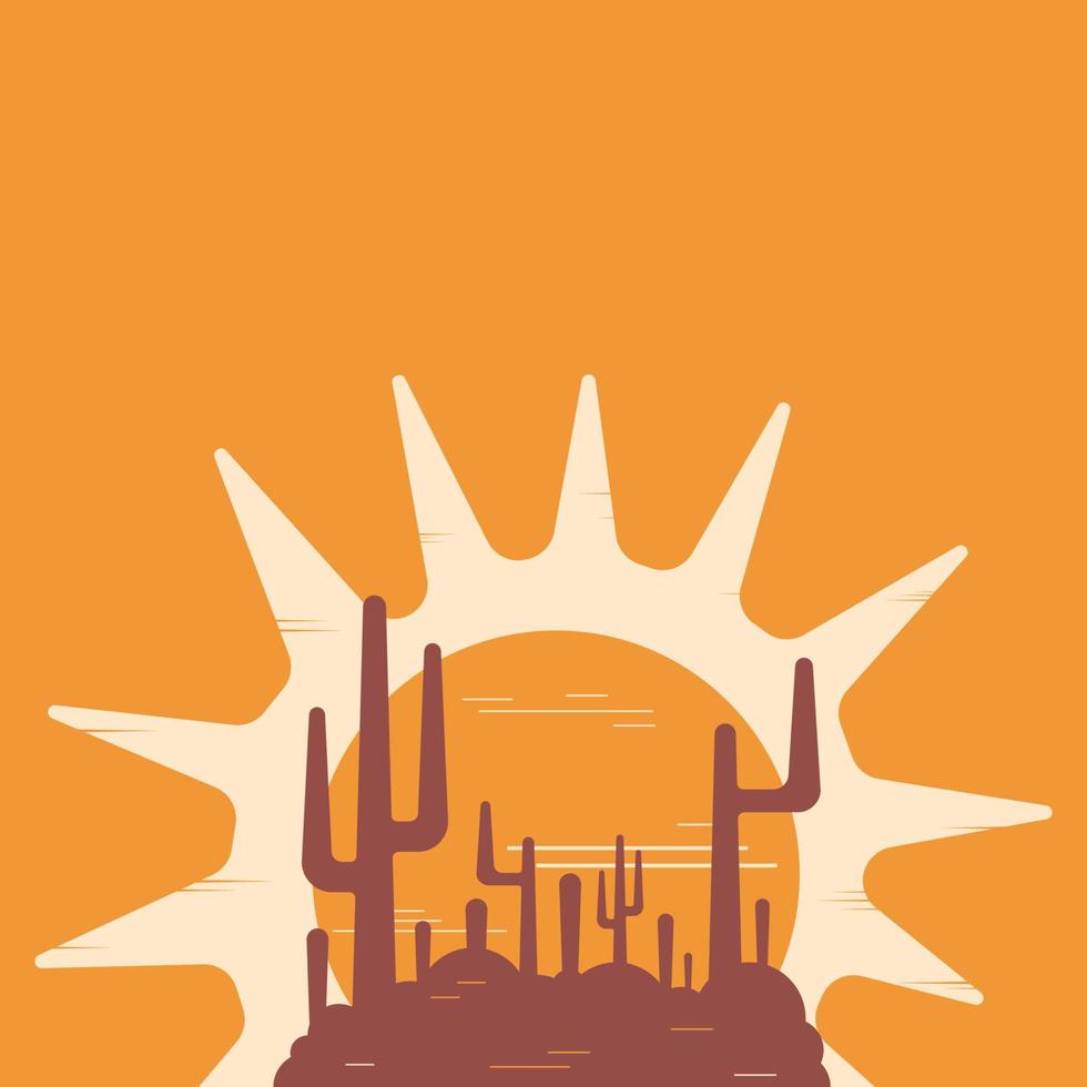 Flat abstract icon, sticker, button with desert, sun, cactuses. vector