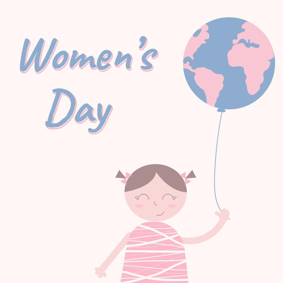 Illustration with text Womens Day and girl holding balloon with earth image. Illustration Can be used like postcard, banner, sticker. vector