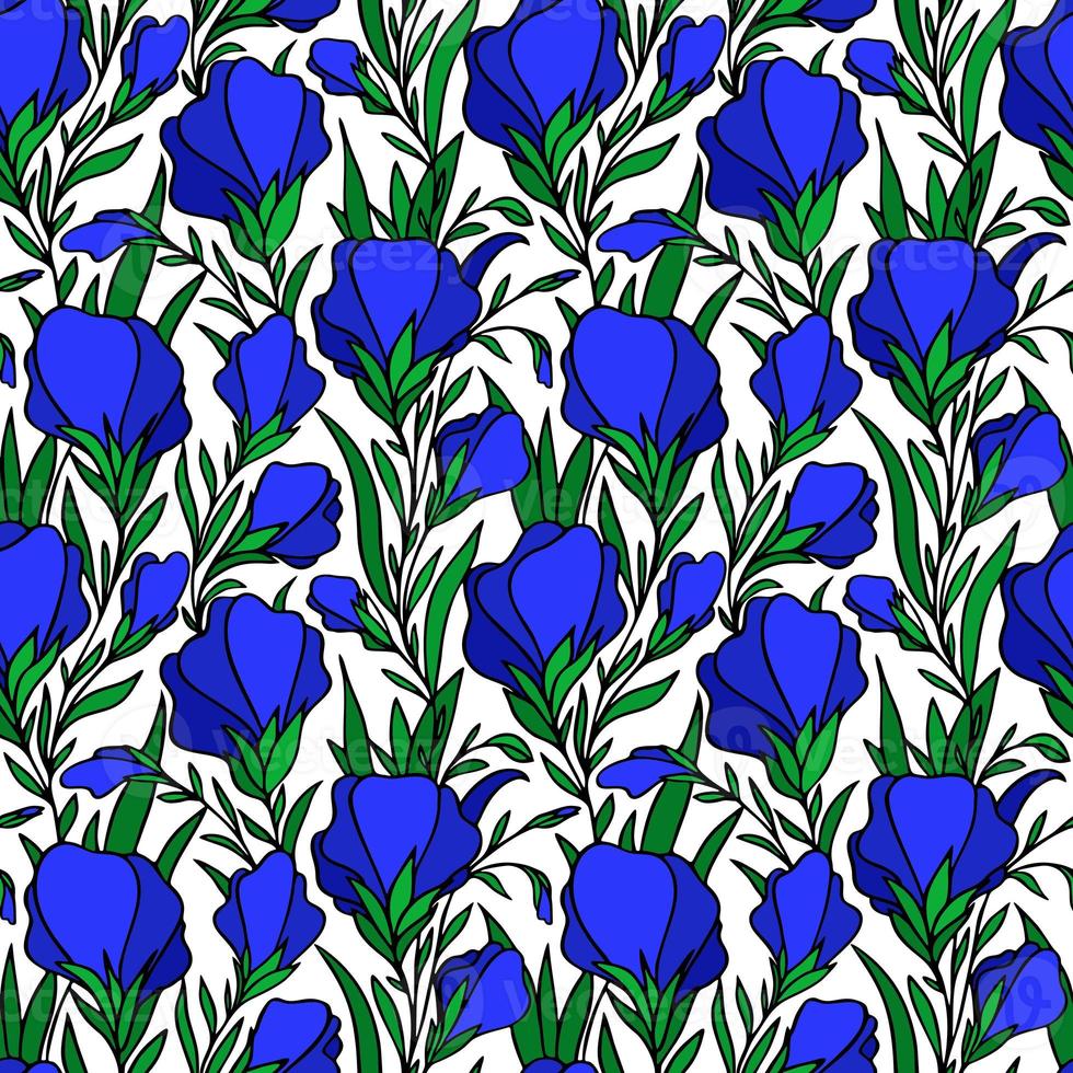 art, seamless pattern of large blue flower buds on a white background, bright floral texture, design photo