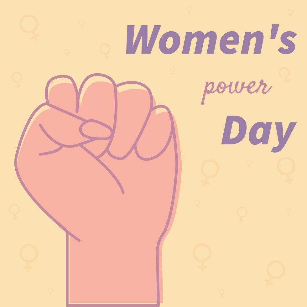 Poster, card, sticker with silhouette pink fist with text Womens power day. Illustration can be used like sticker, poster, banner or in print. vector