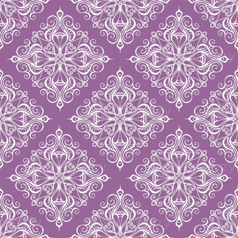 seamless graphic pattern, tile with abstract geometric white ornament on purple background, texture, design photo