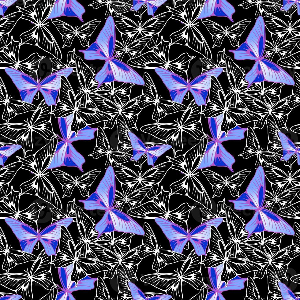 bright seamless pattern of blue-violet and black-and-white butterflies on a black background, texture, design photo