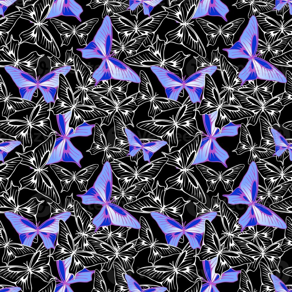 bright seamless pattern of blue-violet and black-and-white butterflies on a black background, texture, design photo