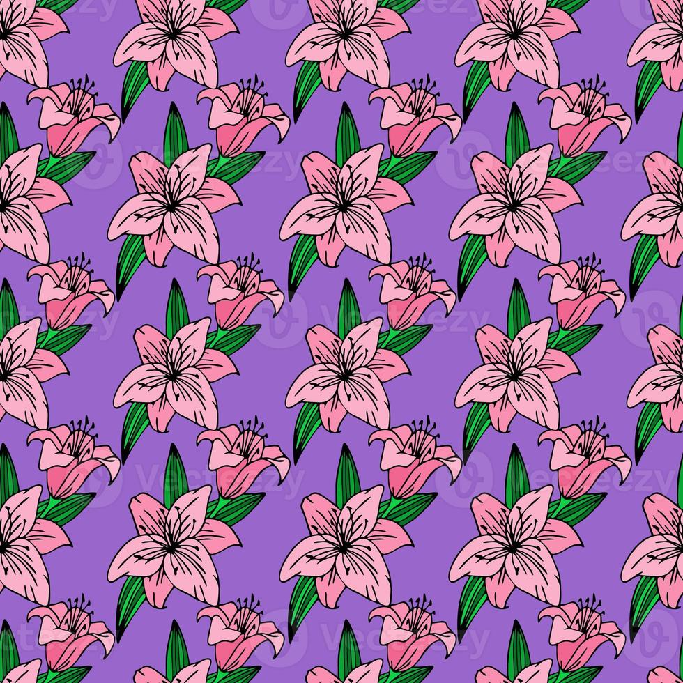 seamless repeating pattern of large pink lily flowers on a purple background, texture, design photo