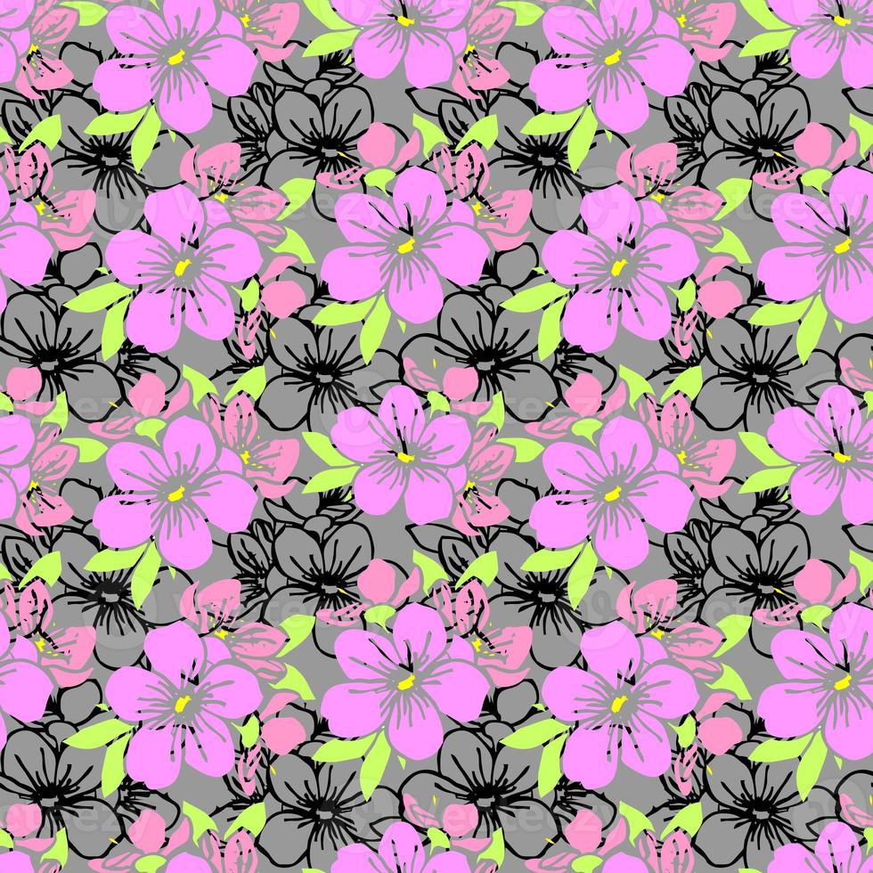 seamless pattern of pink silhouettes and black contours of flowers on a gray background, texture, design photo