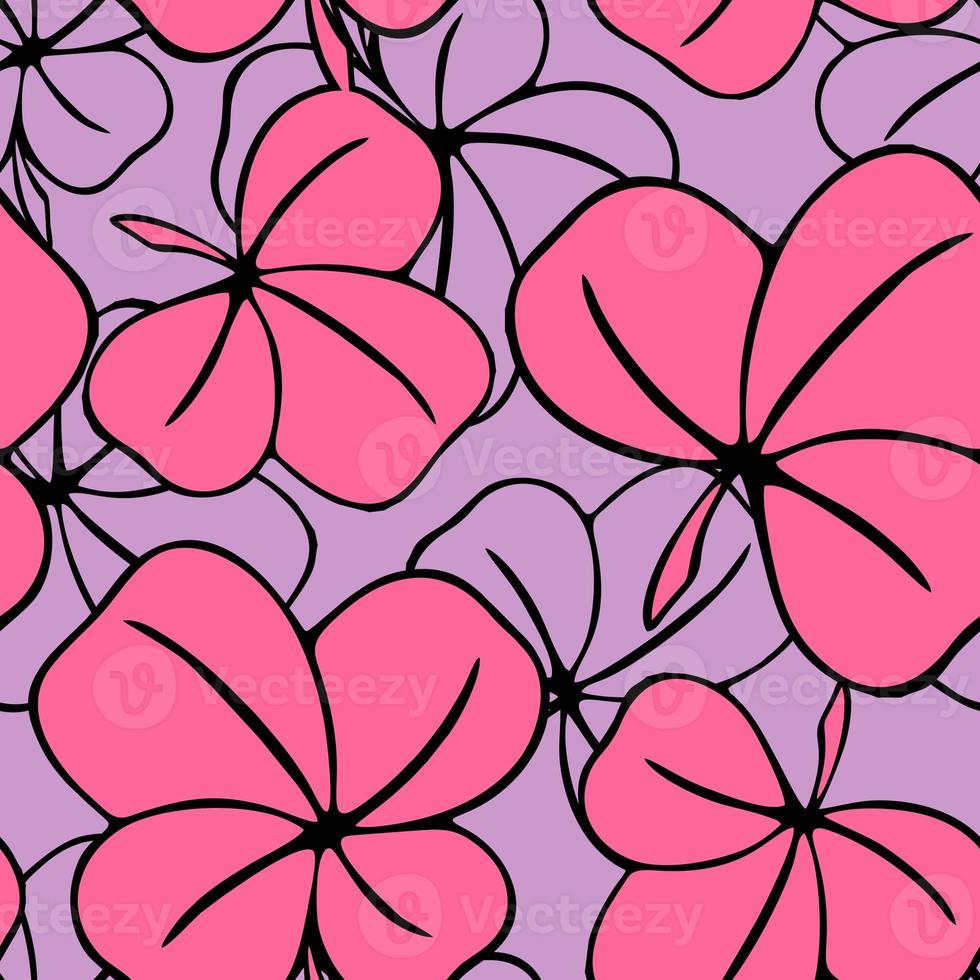 seamless asymmetrical pattern of clover leaves in purple tones and black contouros, design, texture photo