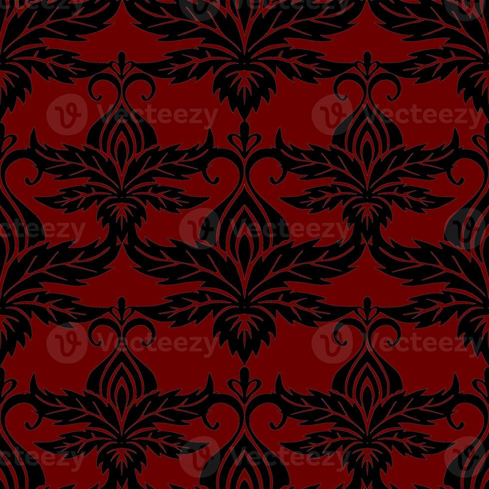 seamless symmetrical pattern of abstract black elements on a burgundy background, texture, design photo
