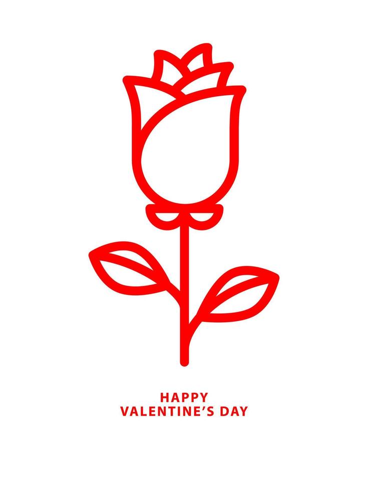Happy Valentines Day card, red rose flower, simple line icon vector