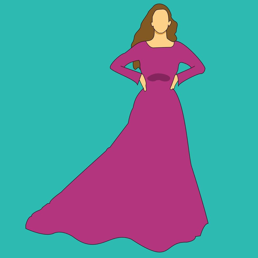 A faceless woman wearing long dress with Fuchsia color, a woman illustration, a woman with long brown hair, faceless model woman vector illustration