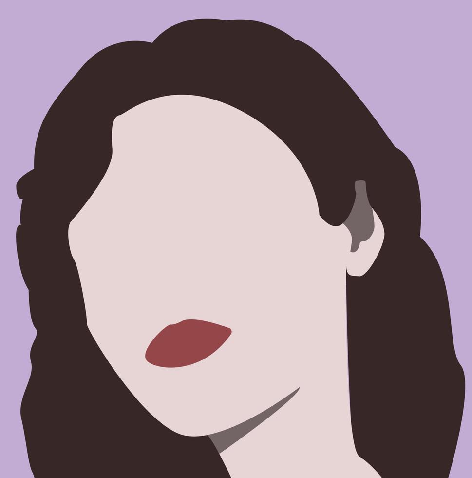 A faceless woman, woman with lipstick, lips, beautiful woman, girl, woman face vector illustration, purple background, brown hair, model, fashion sign and tag