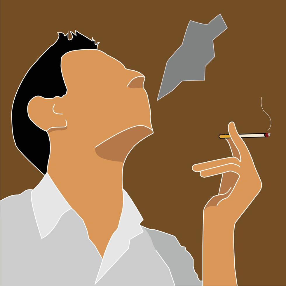 A faceless man smoking a cigarette, smoking illustration vector, grey shirt and brown skin and black hair man, tobacco shop sign and tag, suitable for banners and cards vector