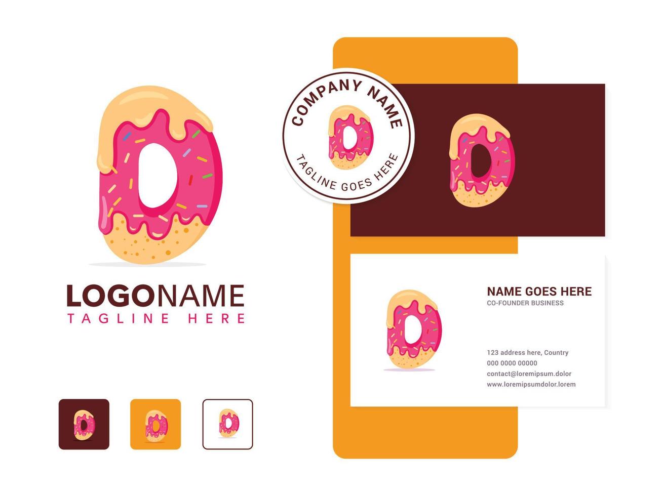 diseño de logotipo de donut con letra d, tarjeta de visita y plantilla de marca en un fondo aislado vector