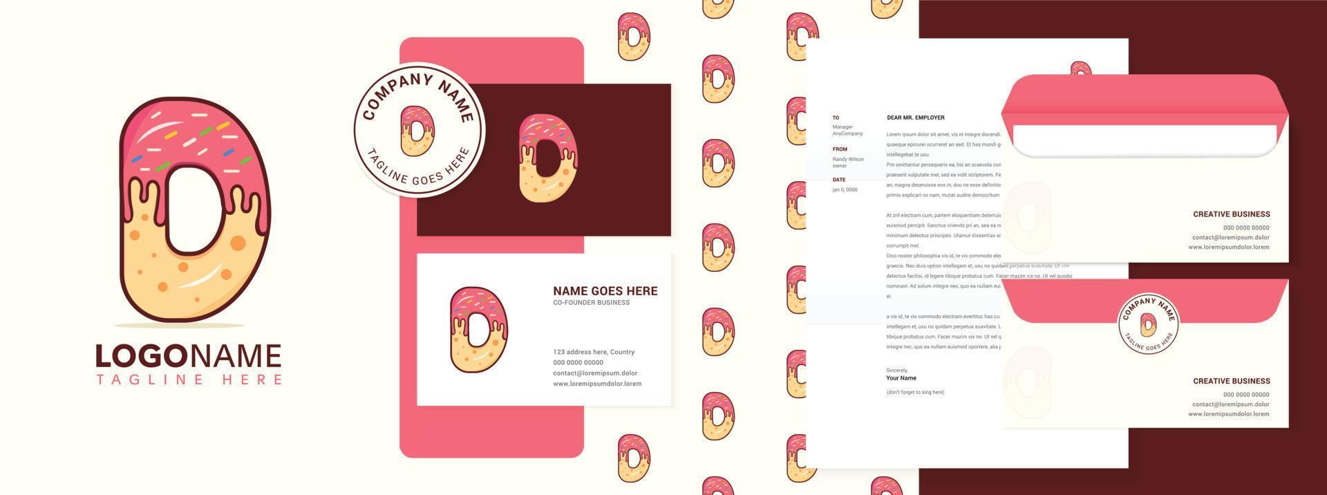 diseño de logotipo de donut con letra d, tarjeta de visita y plantilla de marca en un fondo aislado vector