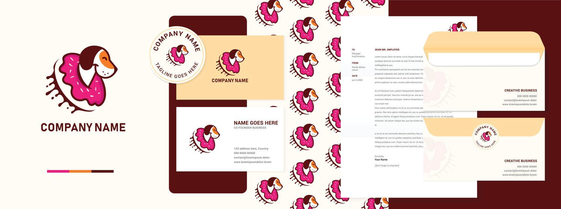 donut dog delivery logo design, business card and branding template on isolated background vector