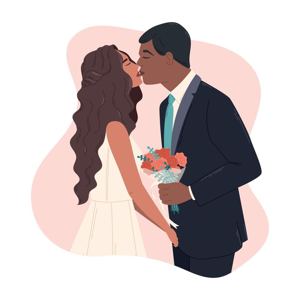 pareja afroamericana enamorada besándose, el novio con traje y la novia con vestido de novia. ilustración vectorial de dibujos animados aislados. vector