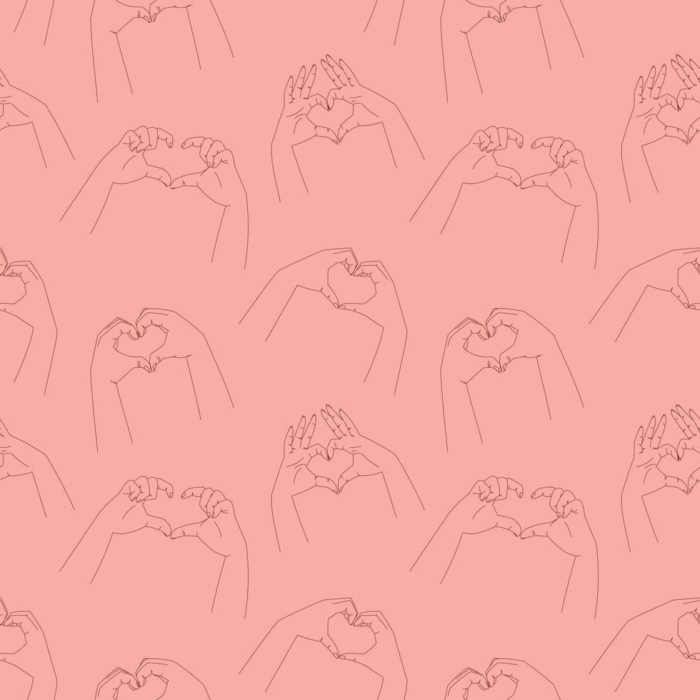 Hands of couple in love making a heart shape with their fingers. Vector seamless pattern with line art illustrations.