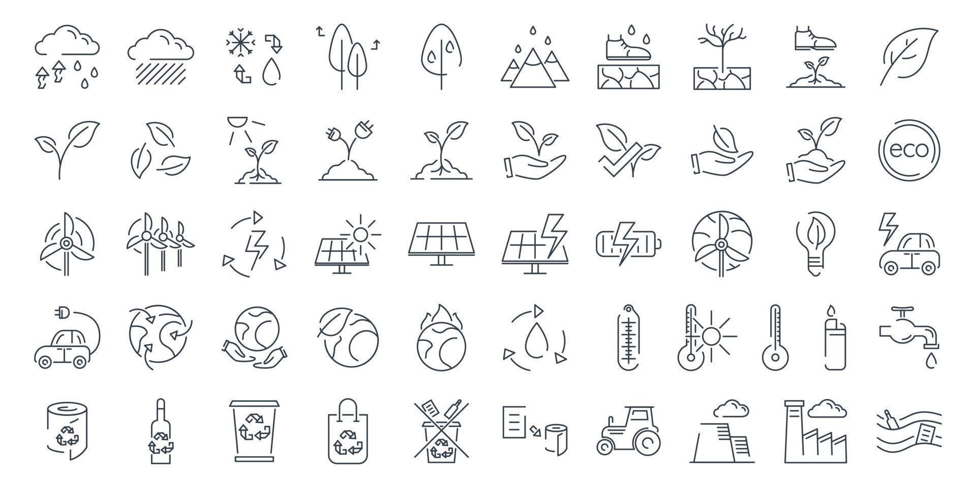 Big set of vector isolated line icons on the theme of ecology, climate, pollution and environmental conservation.