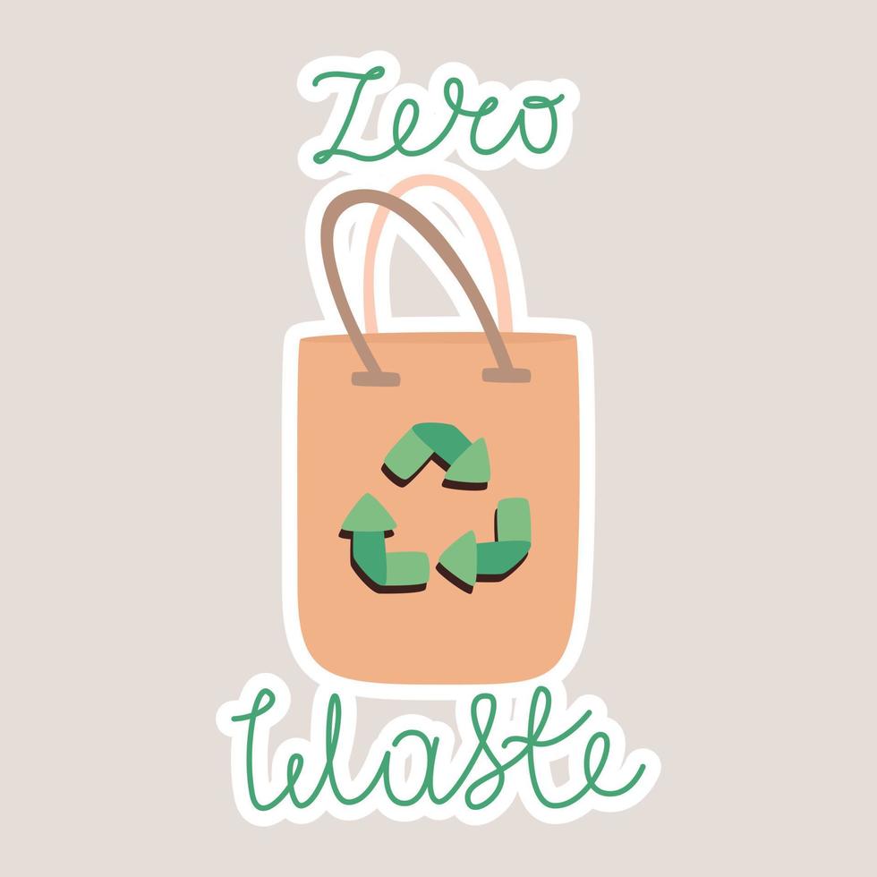 Reusable shopping bag with recycling sign, hand lettering zero waste. Vector cartoon isolated sticker.