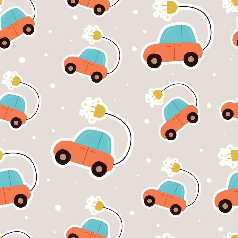 Cartoon electric car with wire and charging plug, vector seamless pattern.