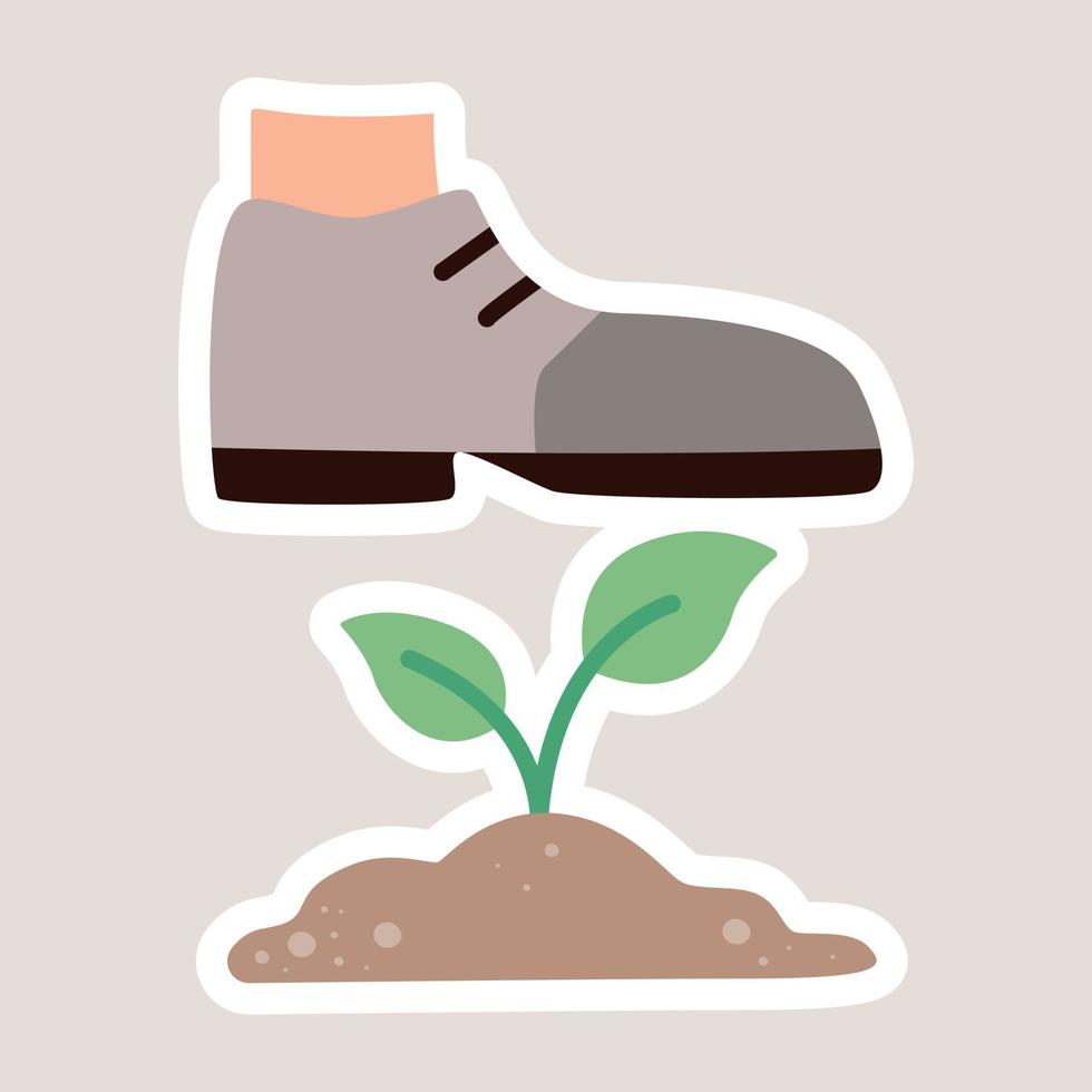 Foot in a boot stepping on a green plant in the ground. Environmental damage concept. Vector isolated sticker.