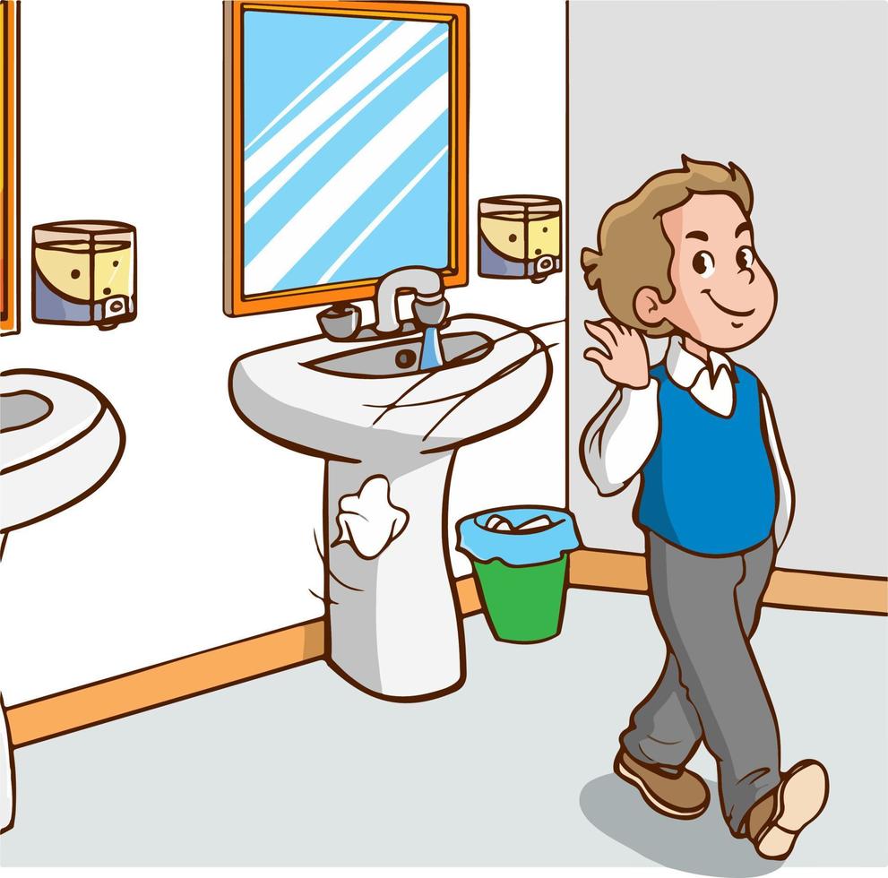 polluting boy throwing garbage on the floor in the school toilet cartoon vector