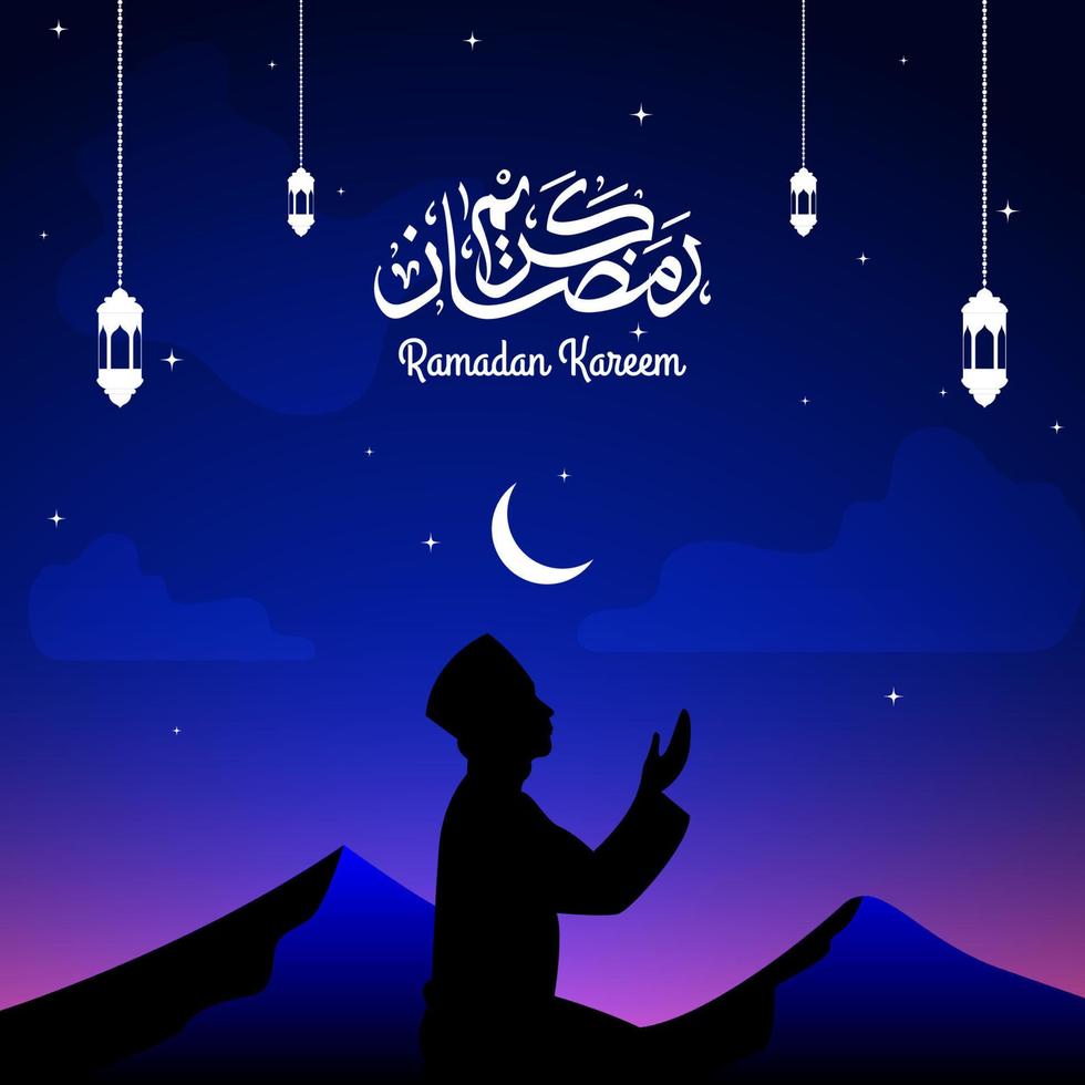 ramadan kareem with arabic calligraphy, lantern, moon, mountain and silhouette muslims are praying. vector illustration