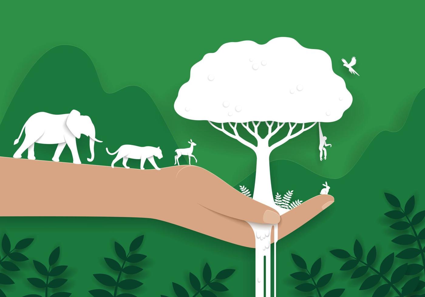 Paper cut art, environmental conservation concept. vector