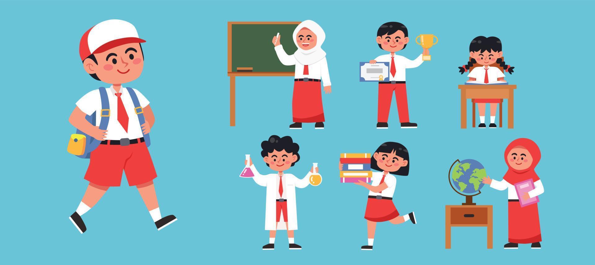 Elementary school children in Indonesian school uniform vector