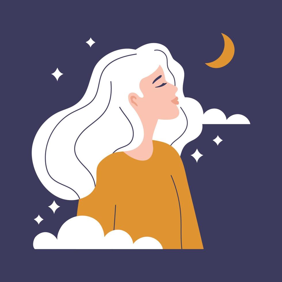 The girl looks at the starry sky and the moon. Joy is in the little things, rest from busy working days. Advice for good mental health. Vector