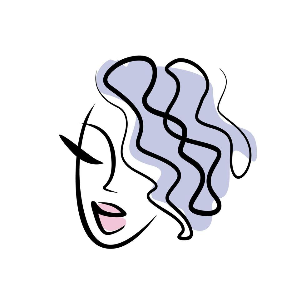 logotipo de salón de belleza. icono de rizos de corte de pelo. cara niña encantadora dama. retrato avatar mujer. vector