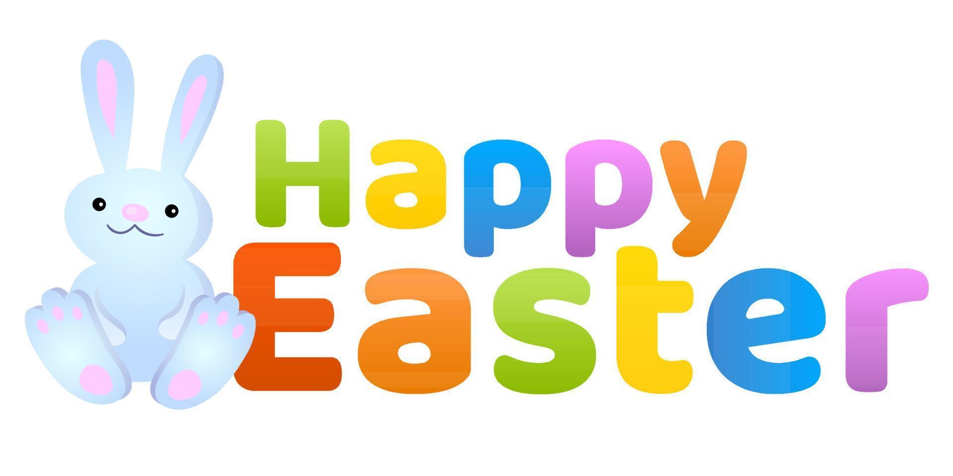 Feliz texto de saludos de Pascua con un lindo conejito de dibujos animados. gráfico colorido y festivo para tarjeta, afiche, pancarta, redes sociales e invitación. ilustración vectorial vector
